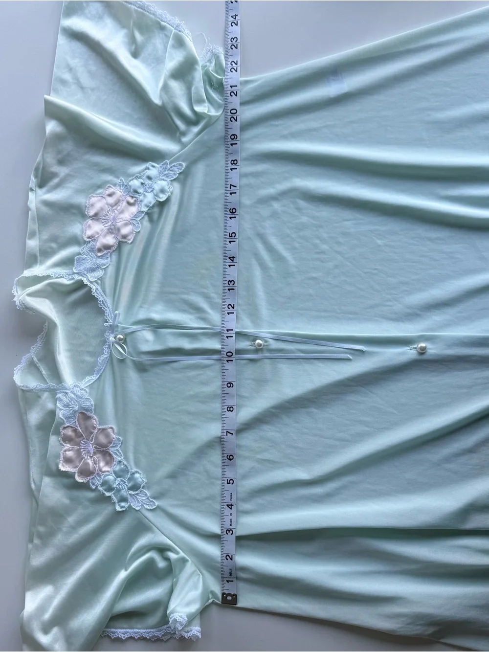 Vintage Mint Green House Dress Nightgown Floral Applique Pockets Lounge Dress - Picture 5 of 7